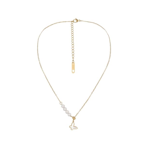 Gold-plated mother-of-pearl butterfly necklace with pearls in gold