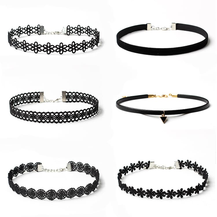 Retro spets gotiskt halsband 6-pack Svart