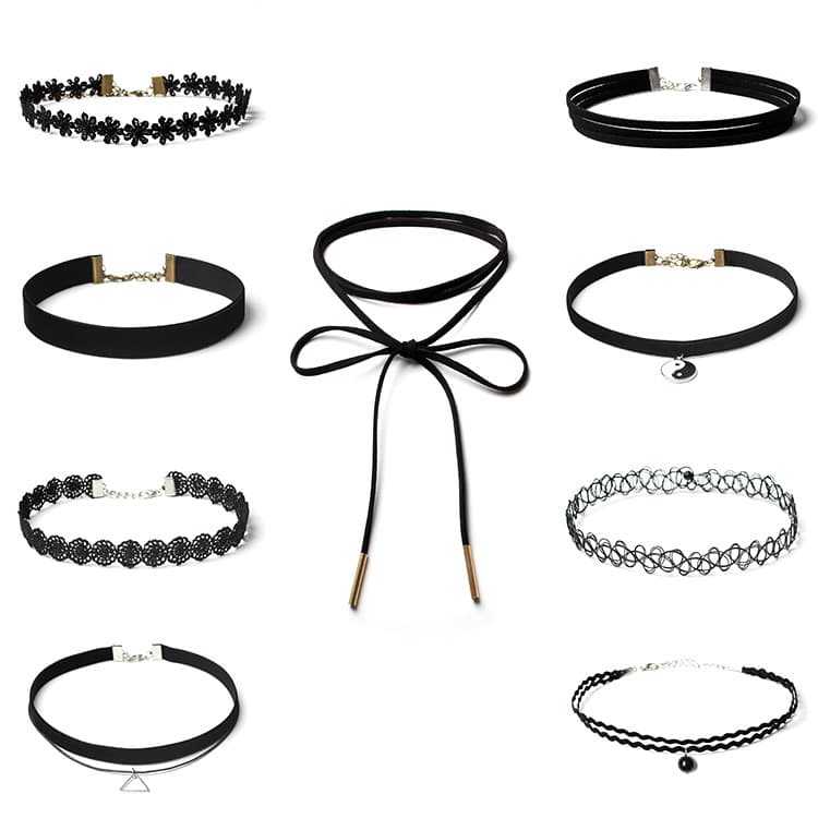 Retro spets gotiskt halsband 9-pack Svart