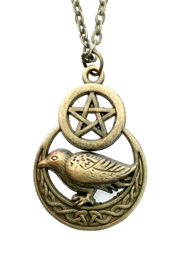 Necklace - Raven - Pentagram - Crescent Moon - Bronze