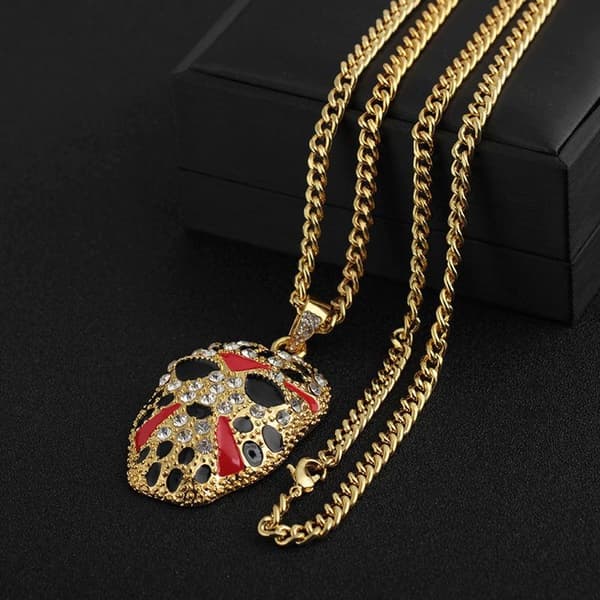 Vintage style necklace mask masquerade theater gold stones hip hop