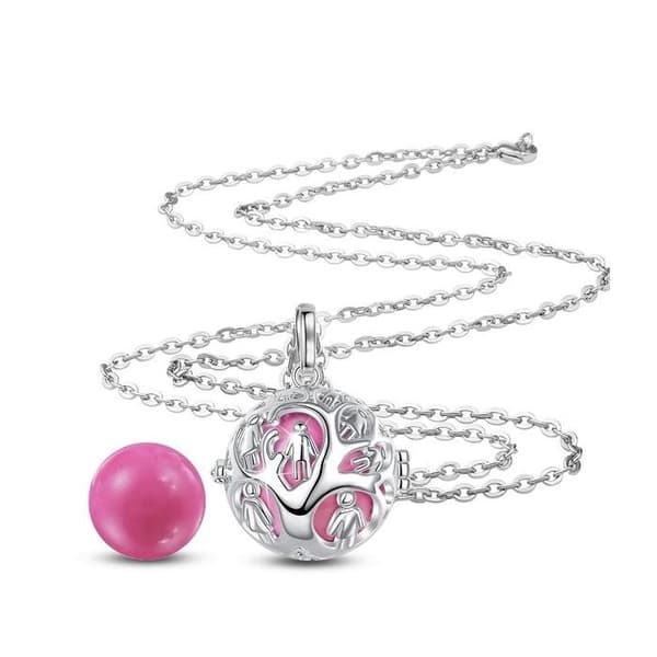 Släktträd graviditetsbola med rosa klocka * Halsbandslängd: 114 cm * Hängsmaterial: Koppar, silverpläterad *