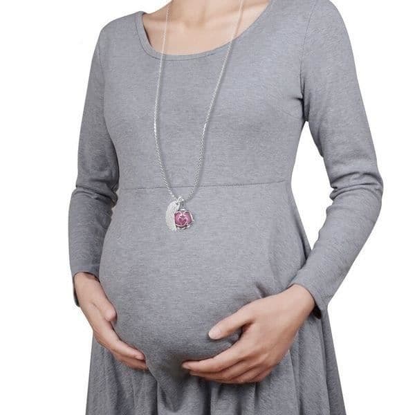 Graviditet bola hjärta par och änglavinge rosa klocka * Halsbandslängd: 114 cm * Hängsmaterial: Koppar, silverpläterad