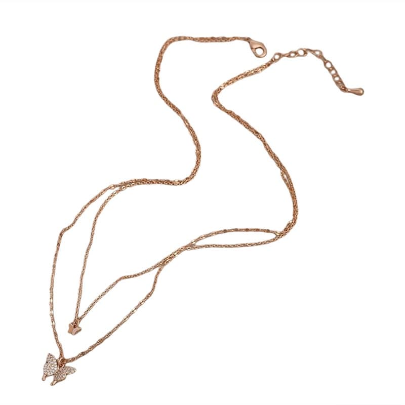 Dubbelt halsband med fjärilshänge Rose guld