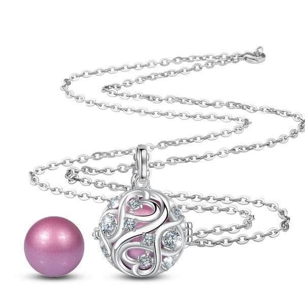 Graviditet bola oändlig knut med rosa klockkristaller * Halsbandslängd: 114 cm * Hängsmaterial: Koppar, silverpläterad *