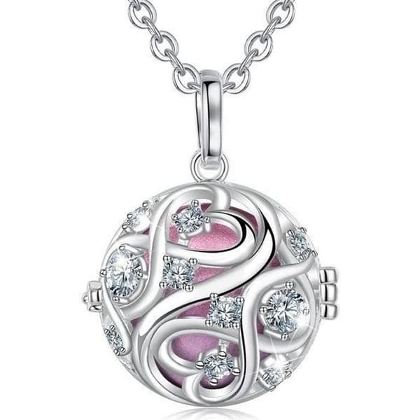 Graviditet bola oändlig knut med rosa klockkristaller * Halsbandslängd: 114 cm * Hängsmaterial: Koppar, silverpläterad *