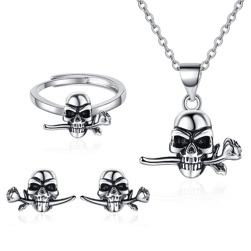 Halloween Skull Halsband Örhängen Ring Set Silver