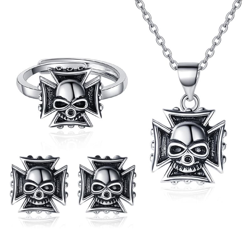 Skull Halsband Örhängen Ring Set Silver