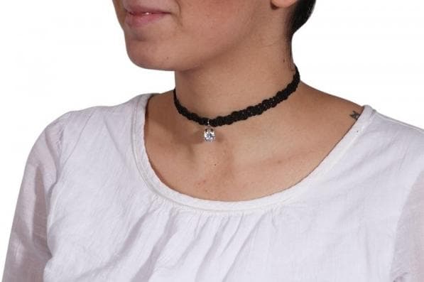 Retro Svart Choker / Halsband med en Glittrande Rhinestone