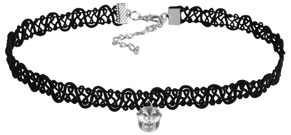 Retro Svart Choker / Halsband med en Glittrande Rhinestone