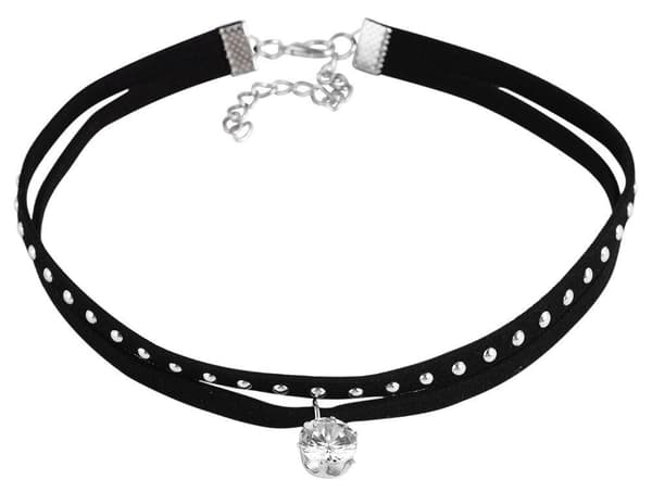Retro Dubbelt Svart Choker / Halsband med Nitar & en Rhinestone