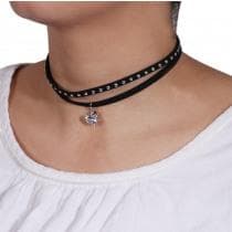 Retro Dubbelt Svart Choker / Halsband med Nitar & en Rhinestone