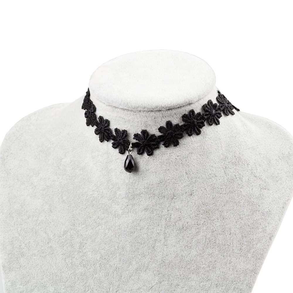 Vintage Gothic Svart Choker / Halsband - en rad Blommor & Droppe