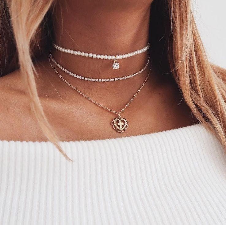 3 st Guld Choker Halsband - Strass, Pärlor & Hjärta med Kors
