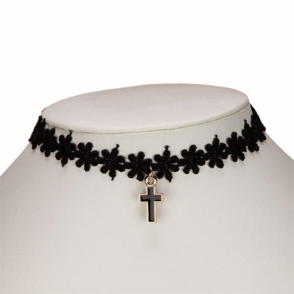 Retro Gothic Svart Choker / Halsband - en rad Blommor & Kors