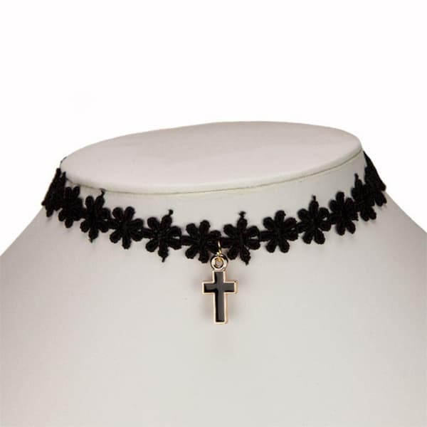 Retro Gothic Svart Choker / Halsband - en rad Blommor & Kors