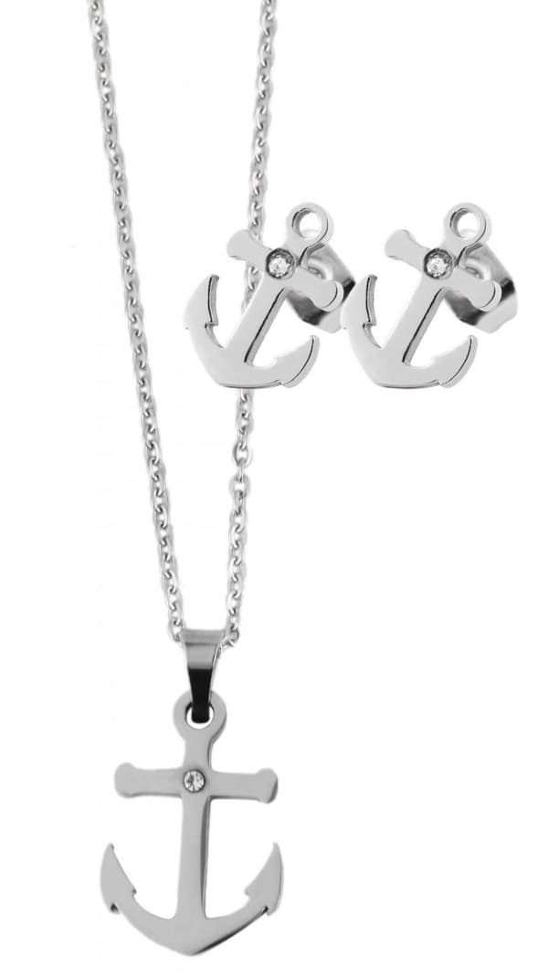 Silver Smyckesset i Rostfritt Stål -Halsband & Örhängen - Ankare