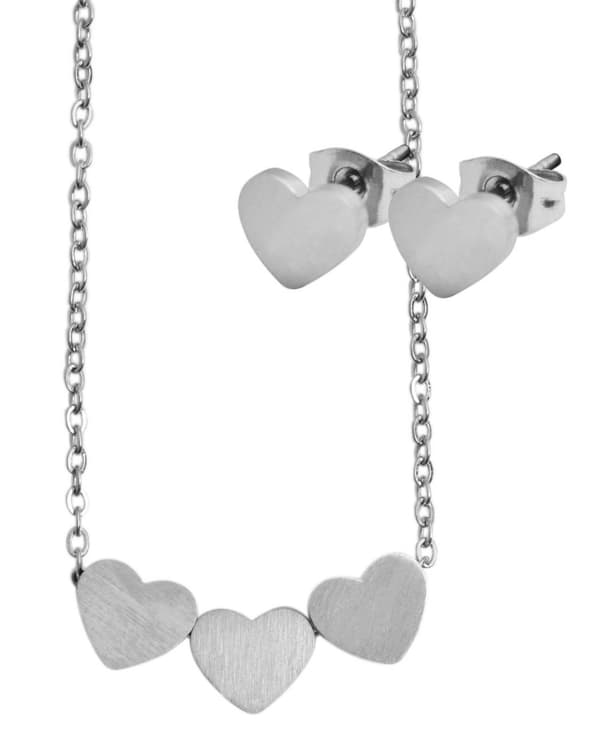 Silver Smyckesset i Rostfritt Stål -Halsband & Örhängen - Hjärta