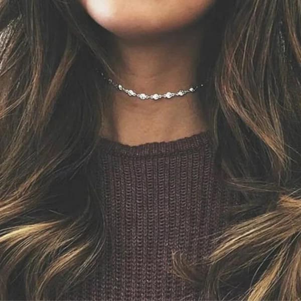 Silver Halsband / Choker - Kedja & Glittrande Rhinestones/Strass