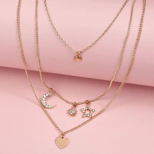 Guld Halsband med 3 Kedjor - Strass, Hjärta, Snäcka & Stjärna