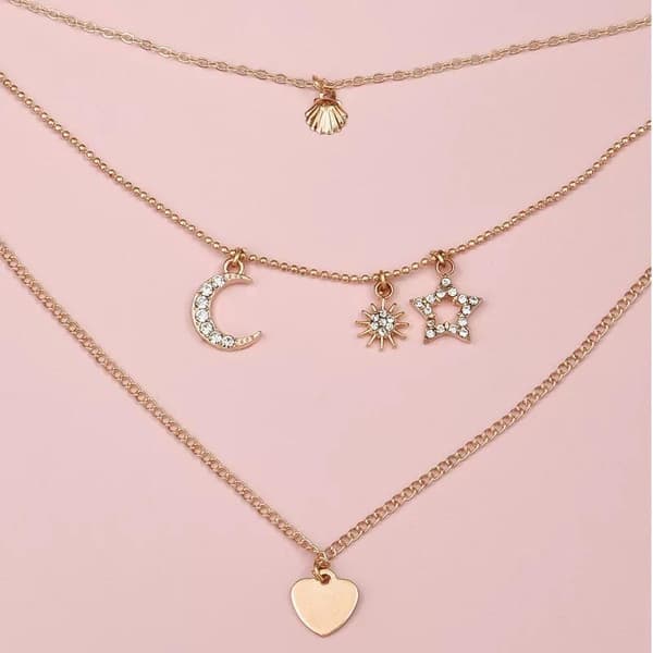 Guld Halsband med 3 Kedjor - Strass, Hjärta, Snäcka & Stjärna
