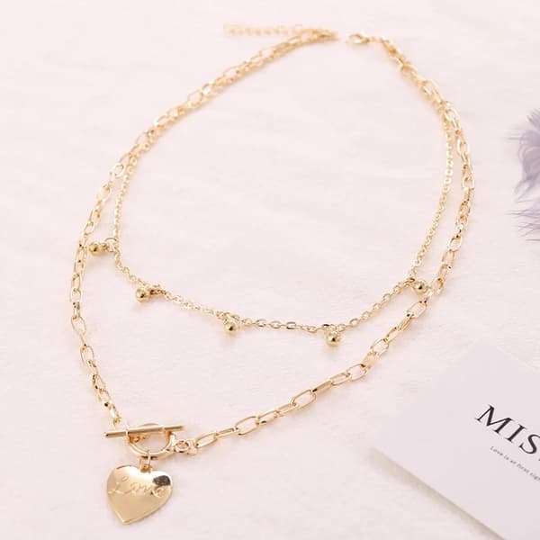Guld Halsband / Choker med 2 st Kedjor - Hjärta, Love & Kulor
