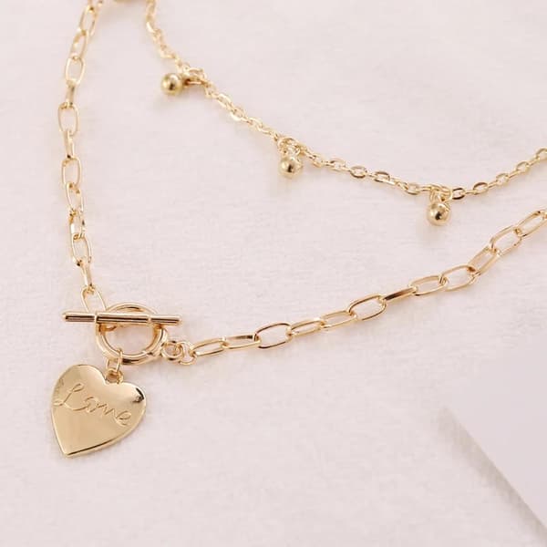 Guld Halsband / Choker med 2 st Kedjor - Hjärta, Love & Kulor