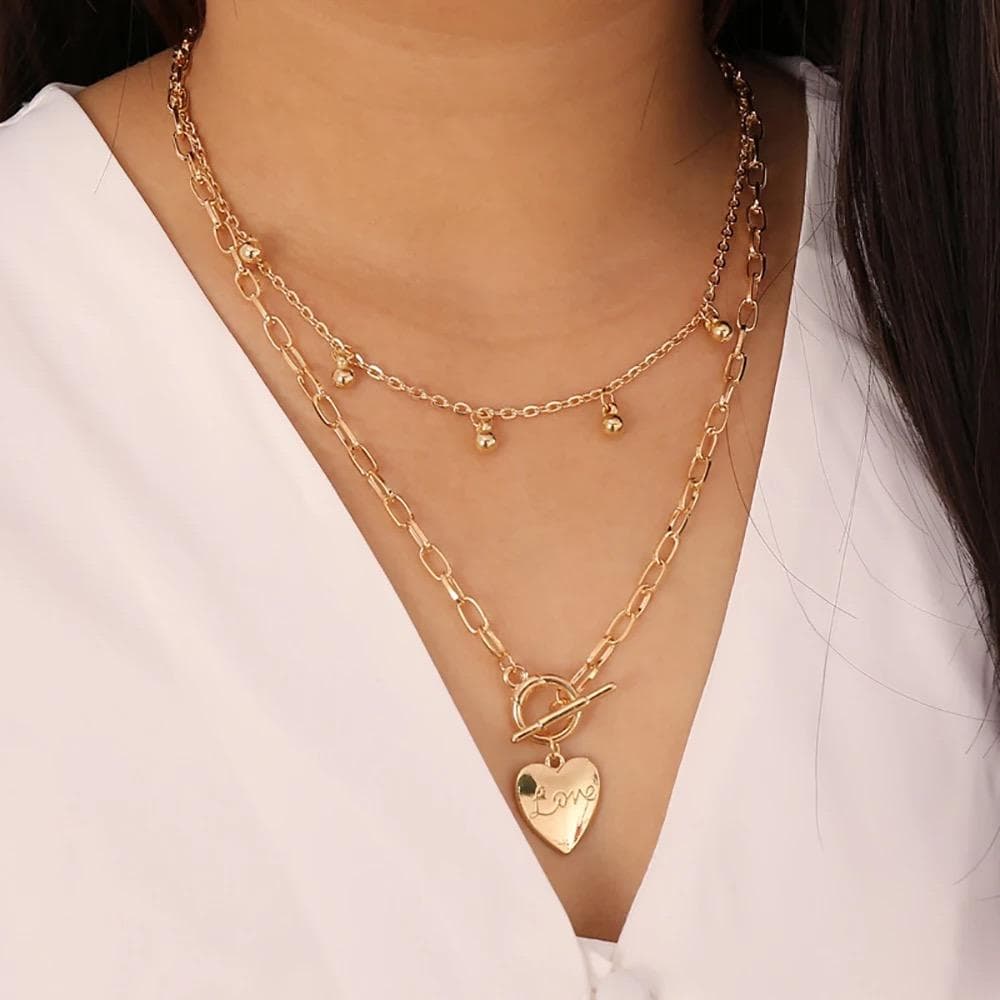 Guld Halsband / Choker med 2 st Kedjor - Hjärta, Love & Kulor