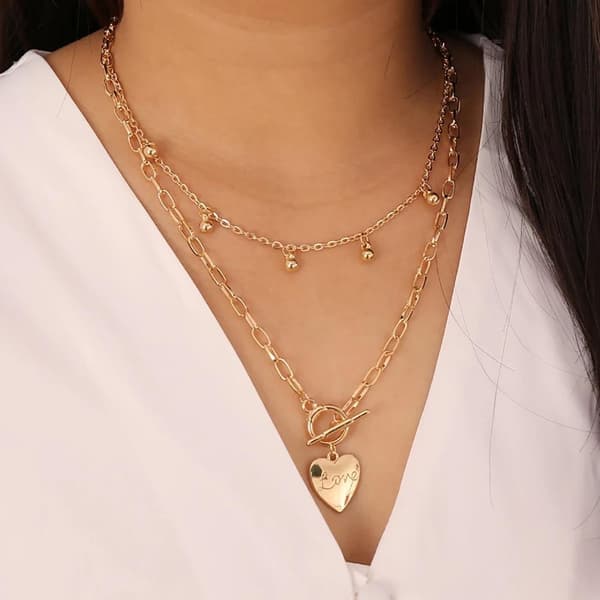 Guld Halsband / Choker med 2 st Kedjor - Hjärta, Love & Kulor