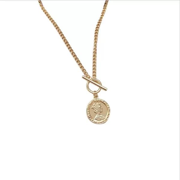 Retro Guld Halsband - Hänge med Mynt & Drottning / Porträtt