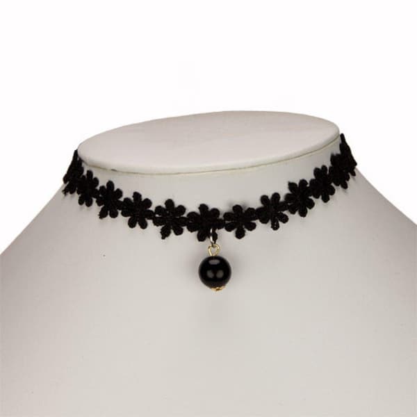 Boho Retro Gothic Svart Choker / Halsband - en rad Blommor & Pärla