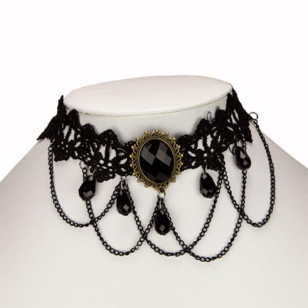 Brett Vintage Gothic Choker / Halsband - Svart Spets & Pärlor
