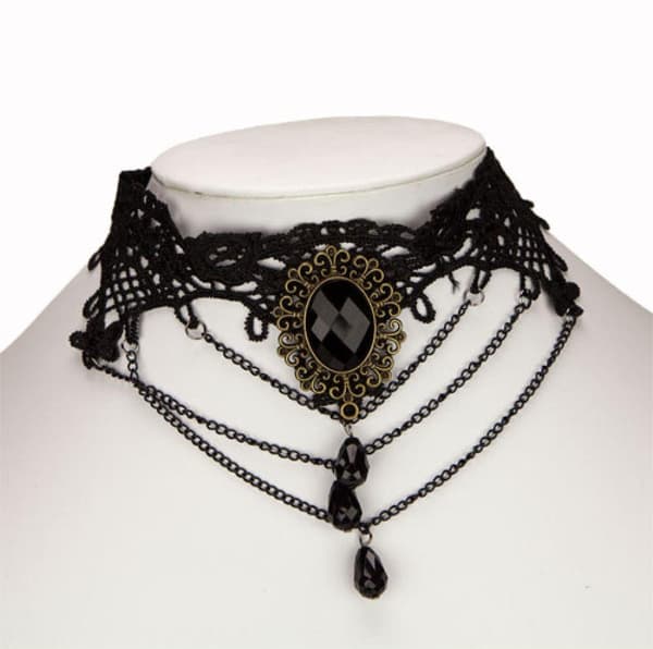 Brett Vintage Gothic Choker / Halsband - Svart Spets & Pärlor