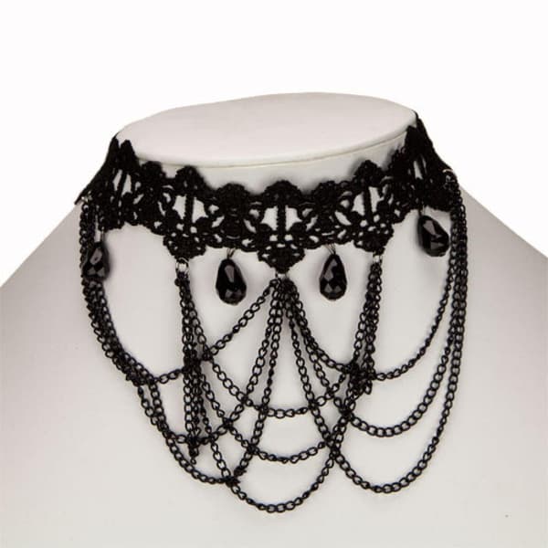 Brett Retro Boho Choker / Halsband - Svart Spets, Kedjor & Pärlor