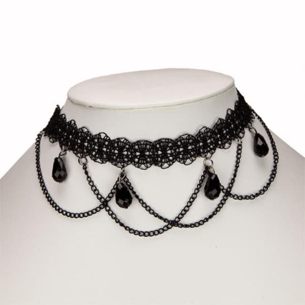 Retro Vintage Choker / Halsband - Svart Spets, Kedjor & Pärlor