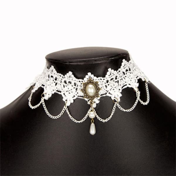 Brett Vintage Gothic Choker / Halsband - Vit Spets & Pärlor
