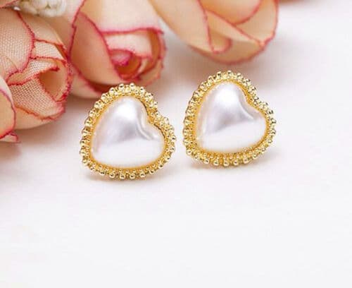 New Gold Pearl Heart Ear Stud Earrings Womens Girls Jewellery Love Gift UK