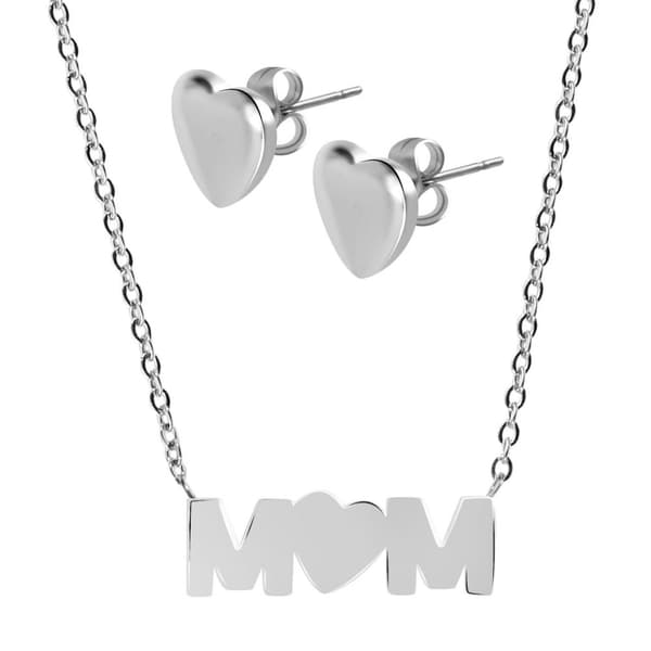 Silver Smyckesset i Stål - Halsband & Örhängen - Hjärta & Mom