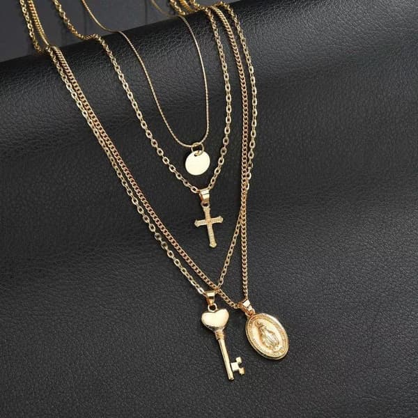 Guld Halsband / Choker med 4 olika Kedjor, Kors & Nyckel