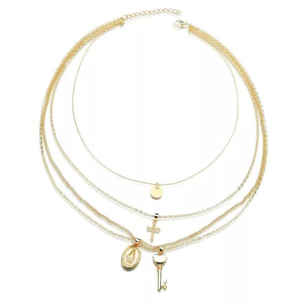 Guld Halsband / Choker med 4 olika Kedjor, Kors & Nyckel
