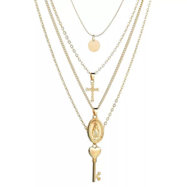 Guld Halsband / Choker med 4 olika Kedjor, Kors & Nyckel
