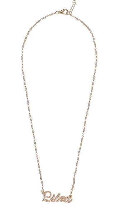 Guld Halsband med Vita Rhinestones & Stjärntecken: Vågen = Libra