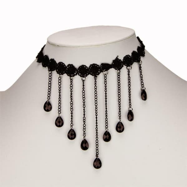 Gothic Vintage Choker / Halsband - Svart Spets, Kedjor & Pärlor