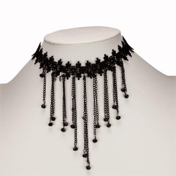 Gothic Vintage Choker / Halsband - Svart Spets, Kedjor & Pärlor