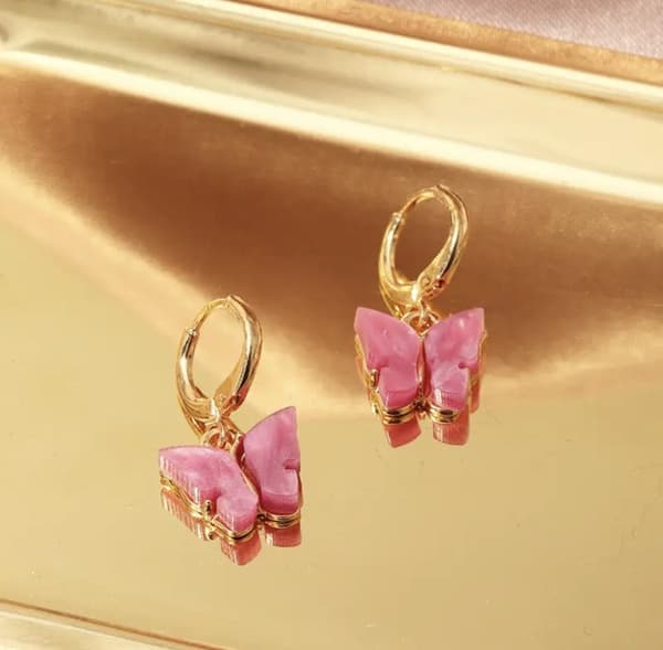 Guld Smyckesset - Halsband & Örhängen - Fjäril & Cerise Pärlemor