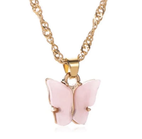 Guld Halsband Dekorerat med en Fin Fjäril med Ljus Rosa Pärlemor