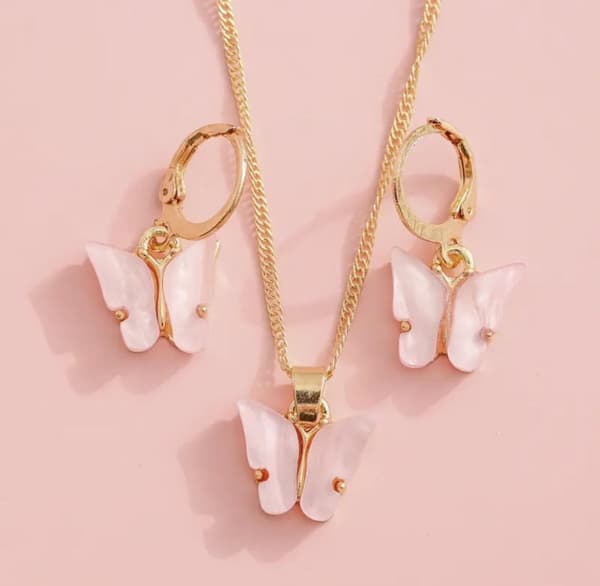 Guld Smyckesset - Halsband & Örhängen - Fjäril & Rosa Pärlemor