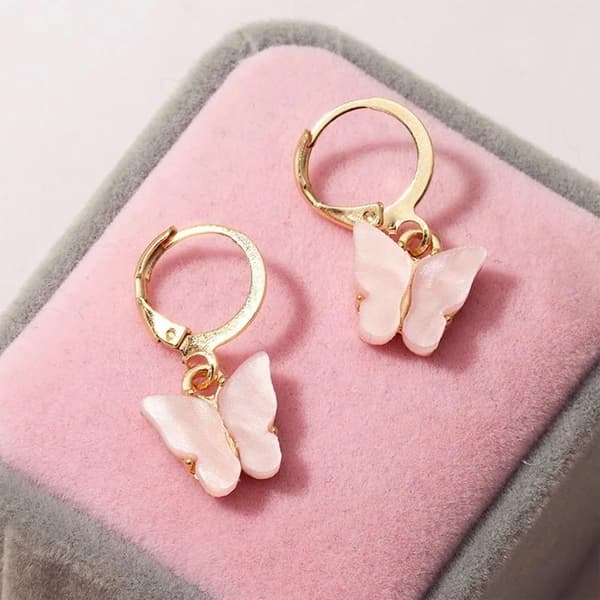 Guld Smyckesset - Halsband & Örhängen - Fjäril & Rosa Pärlemor