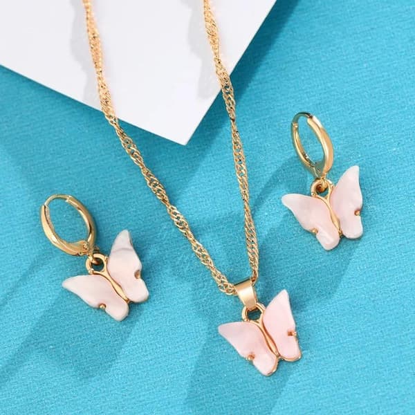 Guld Smyckesset - Halsband & Örhängen - Fjäril & Rosa Pärlemor
