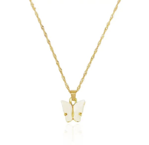 Guld Halsband Dekorerat med en Fin Fjäril med Vit Pärlemor